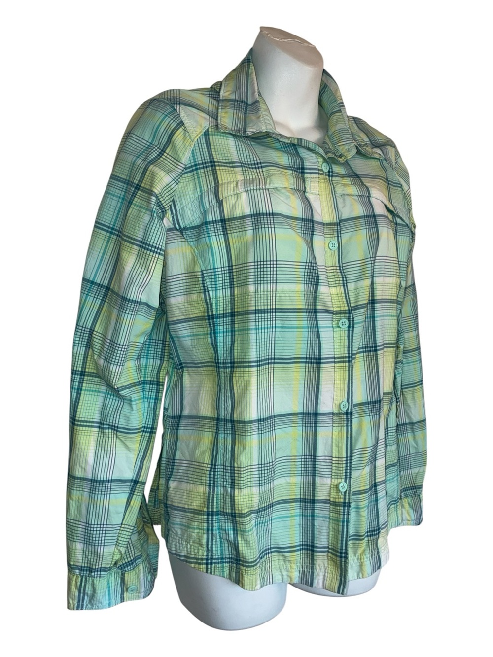 Columbia Button-Down Shirt, women's L, Green & Blue Plaid, Sun Protection EUC